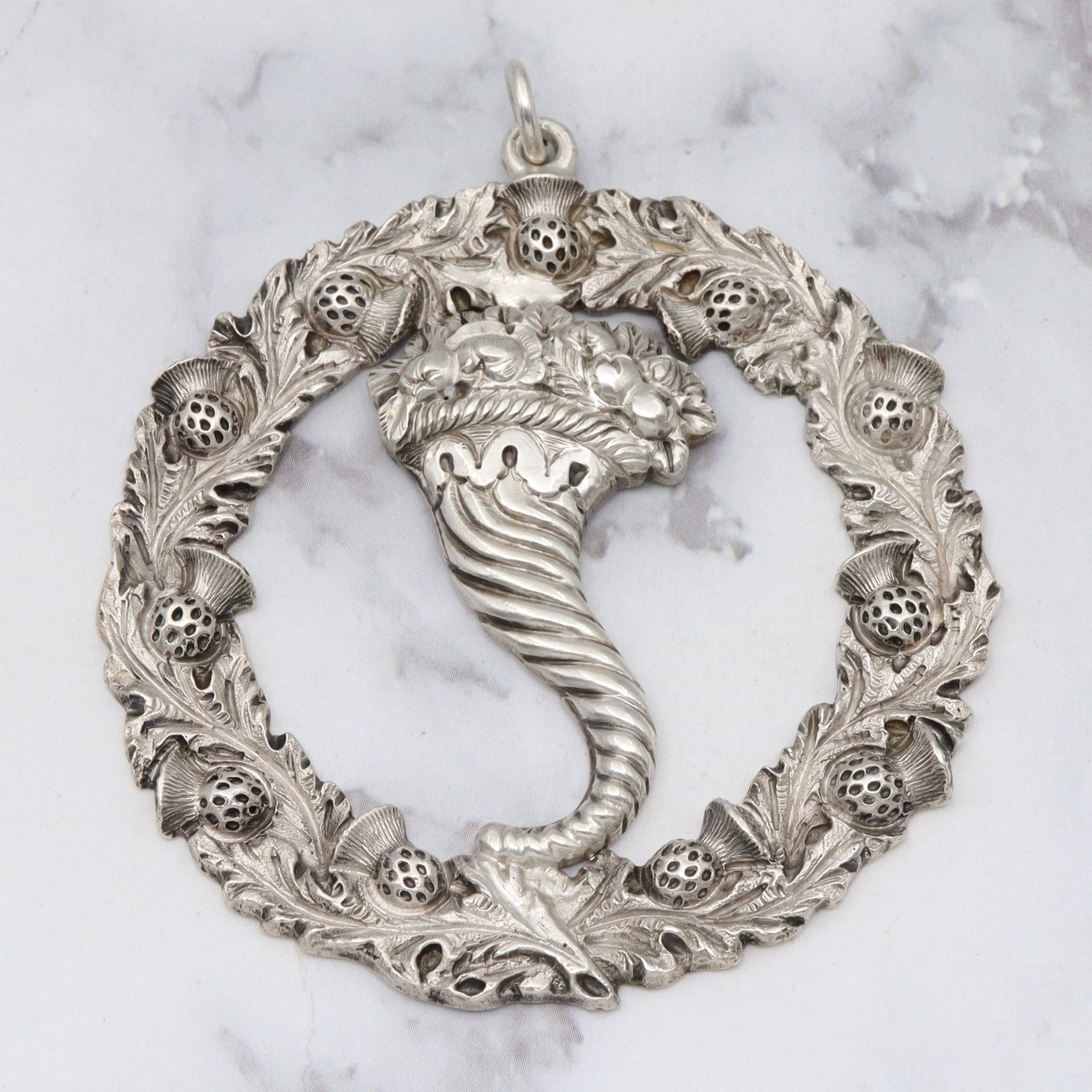 1895 Glasgow, Scotland large sterling thistle & Cornucopia pendant